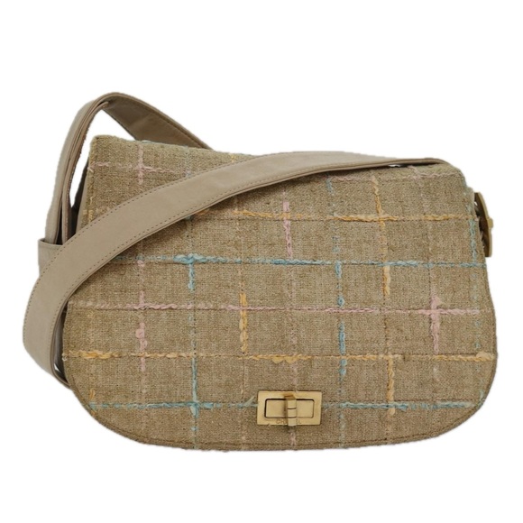 CHANEL Shoulder Bag Tweed Leather Beige CC Auth 77795 - Picture 1 of 16
